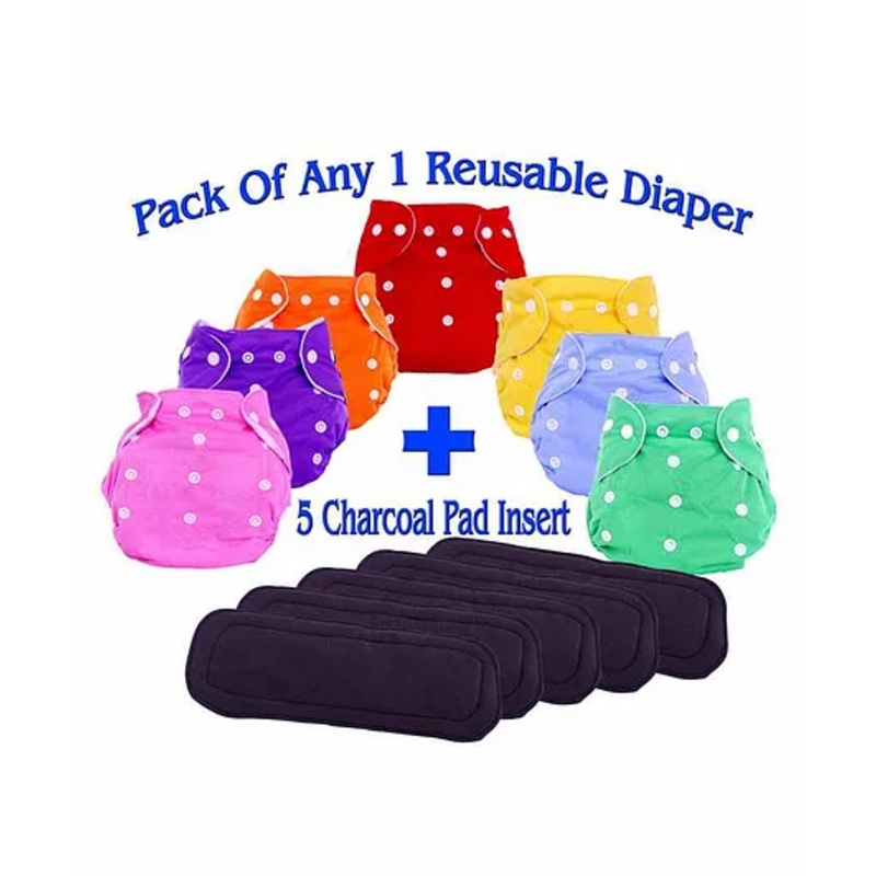 The Little Lookers Adjustable Cotton Diaper With 5 Charcoal Pad Insert ( Colour May Vary)