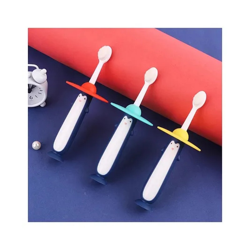 YAMAMA  Cute Cartoon Penguin Design Colorful Soft Toothbrush For Babies And Kids Extra Microfiber Soft Bristles With Silicone Grip And Bottom Suction Cup Design - (Pack of 1  Color And Design May Vary)