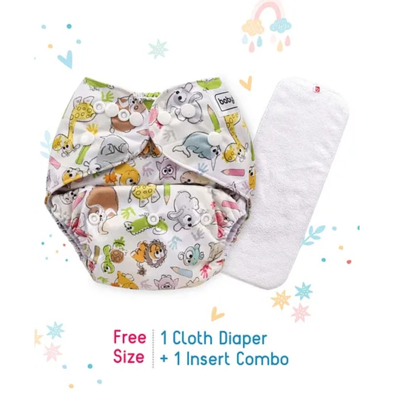 Babyhug Free Size Reusable Cloth Diaper With Insert Animal Print - White