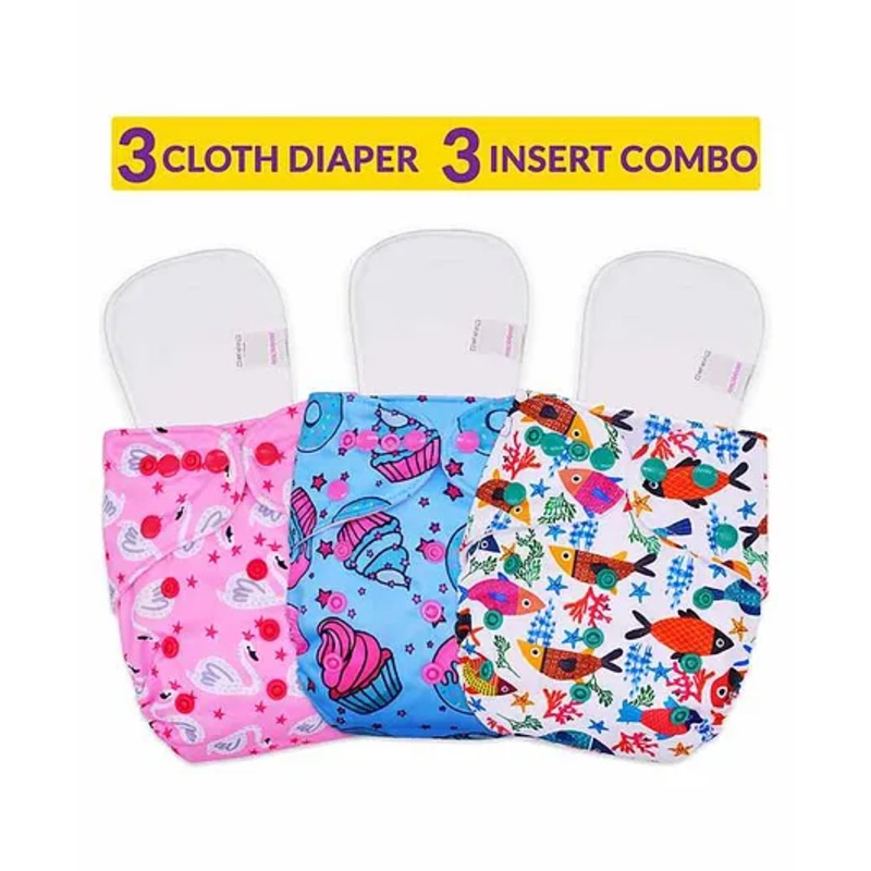 Bembika Reusable Cloth Diapers With Inserts Multi Print Pack of 3 - Pink Blue Multicolor