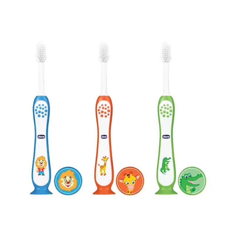 Chicco Toothbrushes With Animal Print Pack of 3 - Blue Orange & Green