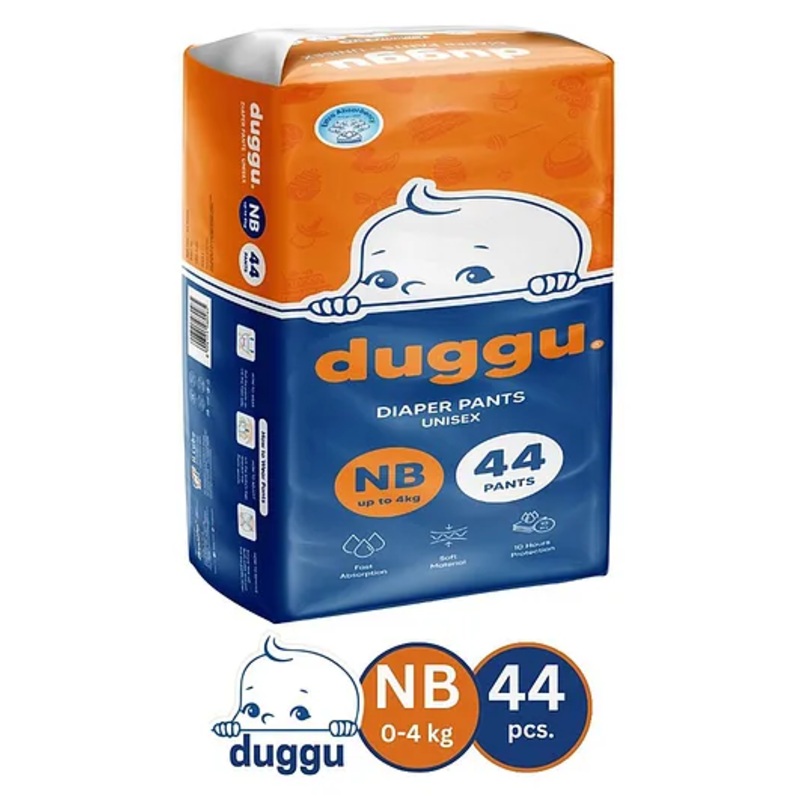 Duggu Baby Diaper Pants | Feather-Like Cotton Feel | Up to 10-Hour Absorption | Soft Elastic Waistband | Highly Absorbent | New-Born | 0-4 KG | Pack of 1 - 44 Diapers