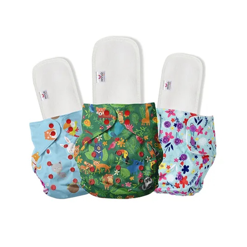 Mylo Baby Freesize Adjustable Cloth Diapers with 3 Free Insert Oeko Tex Certified Pack of 3 - Jungle Pet Love Floral Spring Multicolour