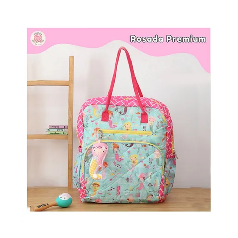 Rosada Trendy Mermaid Diaper Backpack for New Born Baby Boy Girl Mom | Lightweight Spacious Many Compartments Waterproof | Outing Travel Diaper Bag with Hanging Soft Toy