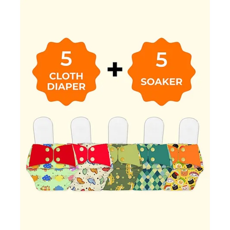 Snugkins Freesize Reusable Waterproof & Washable 5 Pocket Diapers & 5 Soakers - Multicolor