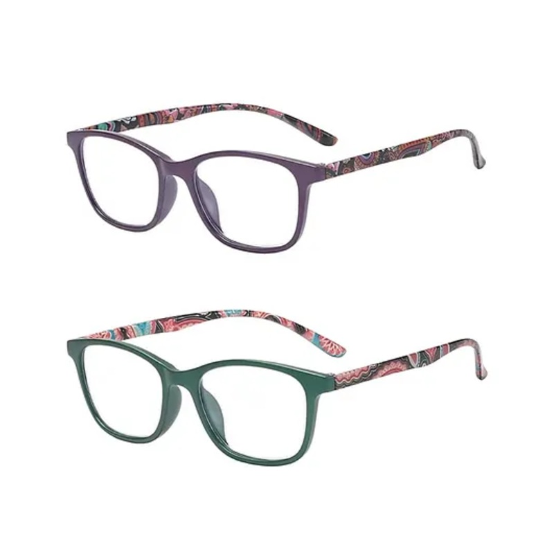SYGA Pack of 2 Anti-Blue Ultra Light Reading Glasses, The Elderly Reading Fashion Pattern Glasses for Women (Purple & Green)
