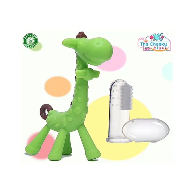The Cheeky Kidzz Baby Soft Silicone Bristles Finger Toothbrush With Giraffe Shape Teether Teething BPA Free (GREEN)