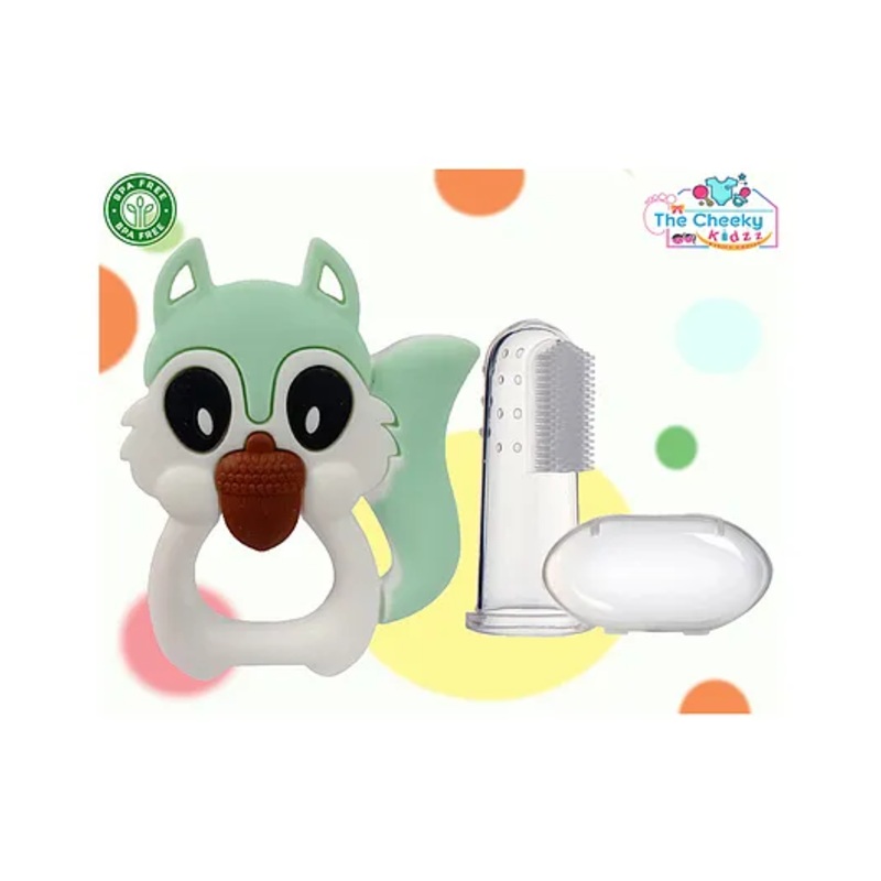 The Cheeky Kidzz Baby Soft Silicone Bristles Finger Toothbrush With Squirrel Shape Teether Teething BPA Free (GREEN)