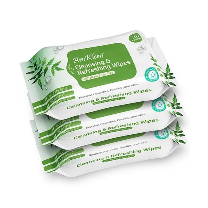 Arokleen Natural Daily Cleansing & Refreshing Wet Wipes With Neem & Tea Tree | Facial Wipes | Alcohol Free, Vitamin C & pH Balanced | Removes Oil & Dirt & Moisturizes Skin | Hydrating & Soothing- Clinically Tested- 90 WIPES ( PACK OF 3 )