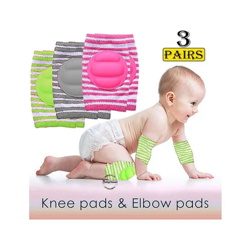 Babymoon Padded Kids Knee Elbow Protection Pads Pack of 3 - Green Grey Pink