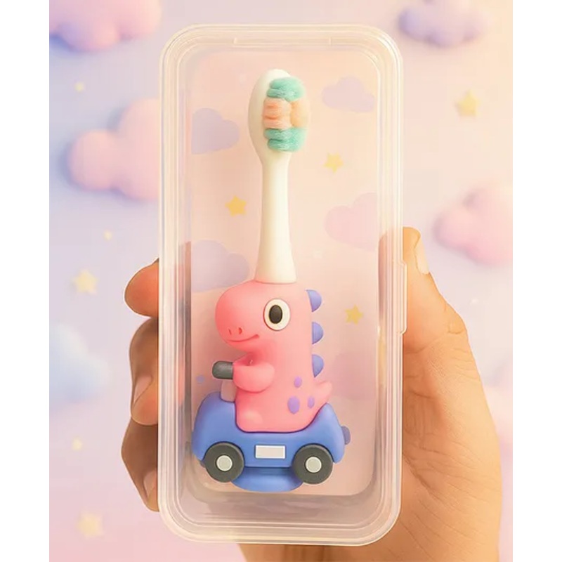 Badal Kidz Baby Soft Bristle Toothbrush with Dinosaur Handle - Gentle Oral Care with Travel Case (6M Plus) - Pink