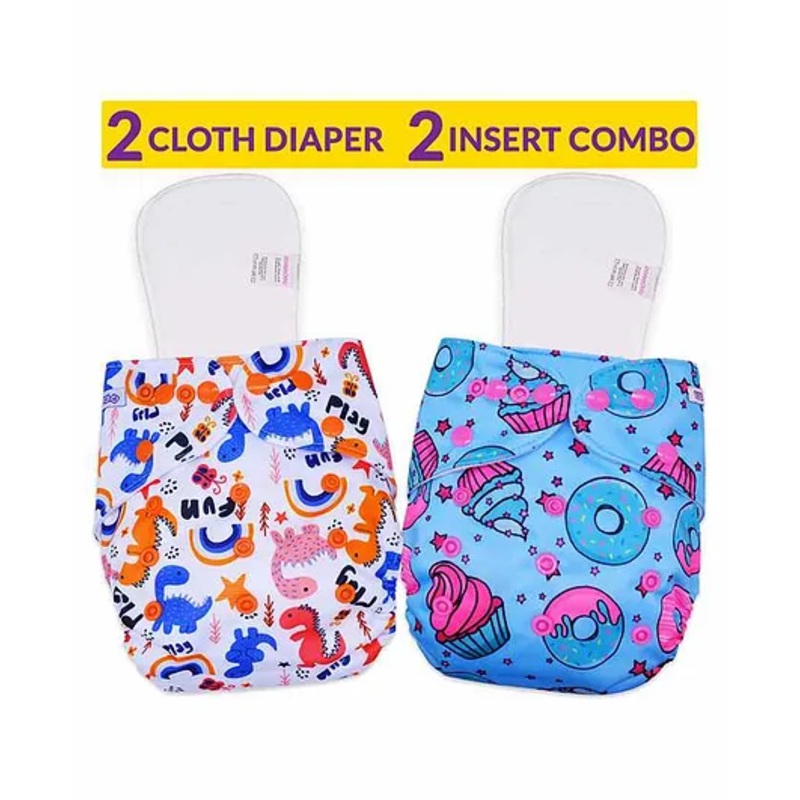 Bembika Cloth Diapers with Inserts Dino & Cup Cake Print Set of 2 - Multicolor