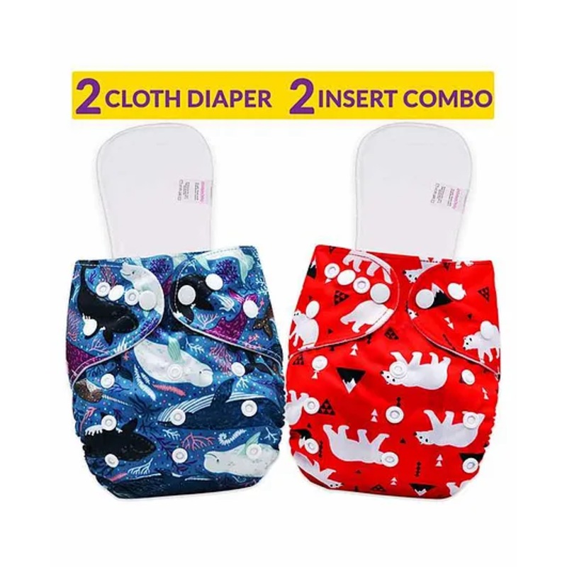 Bembika Reusable Cloth Diapers With Inserts Multi Print Pack of 2 - Blue Red