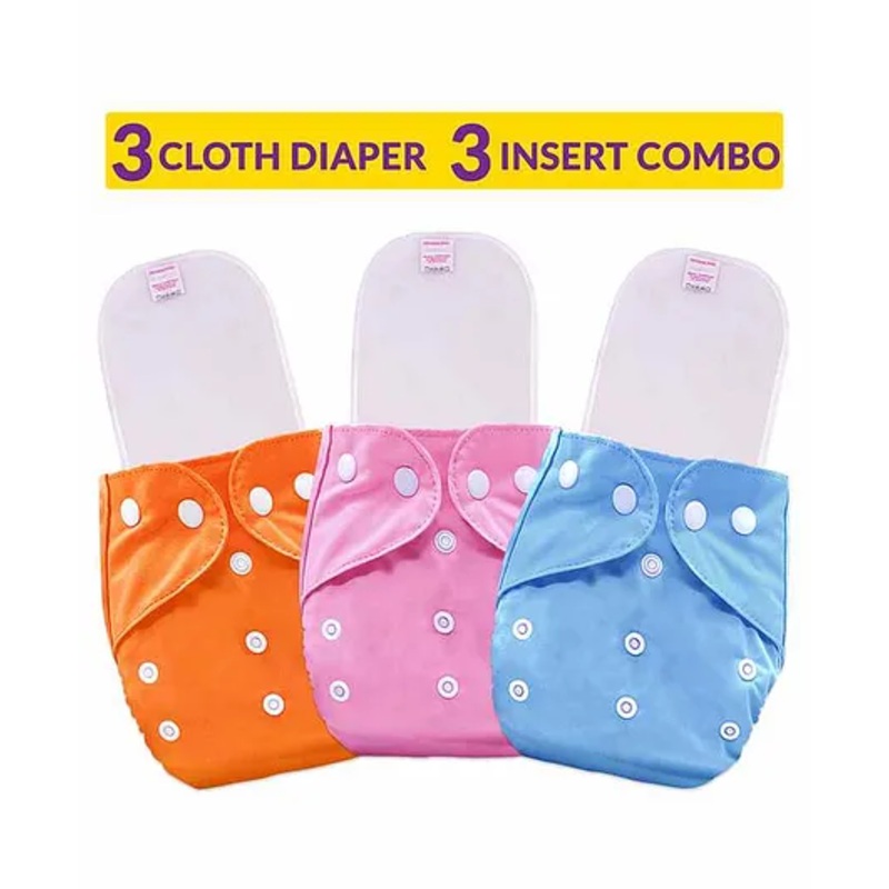 Bembika Reusable Solid Pocket Cloth Diapers With Inserts Pack of 3 - Blue Pink Orange