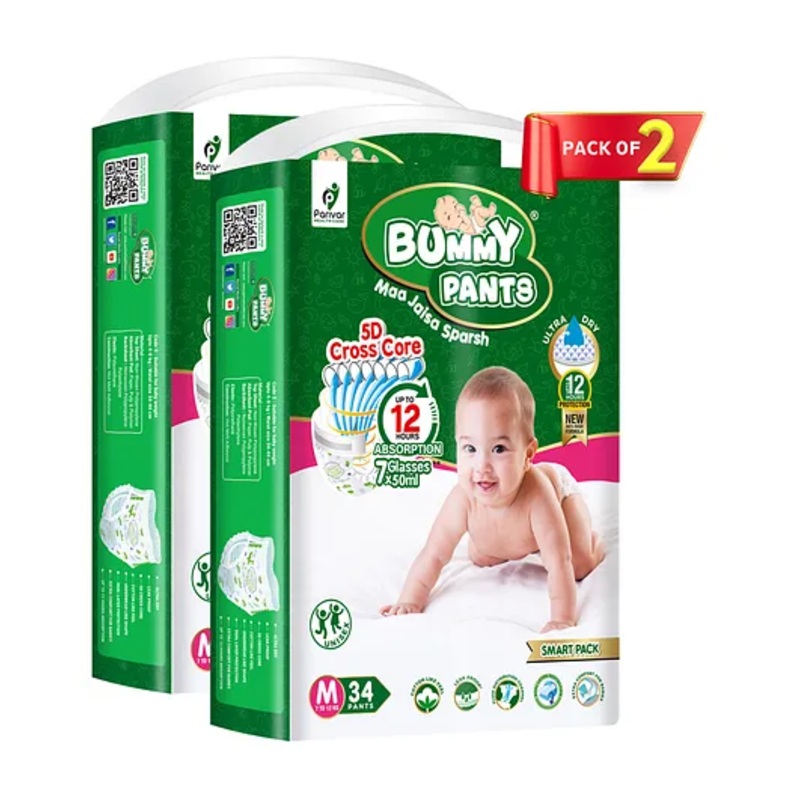 Bummy Pants  Super Dry Baby Diaper in Medium size, 68 Count Diapers, 5D Core, Anti-Rash Layer, 12Hrs Protection, 7-12kg - 68 Pieces
