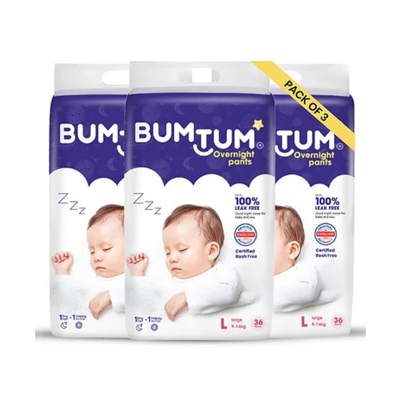 Bumtum Overnight Diaper Pants with Chamomile Microbial Layer Leak Protection & Rash Control Pack of 3 - 108 Pieces