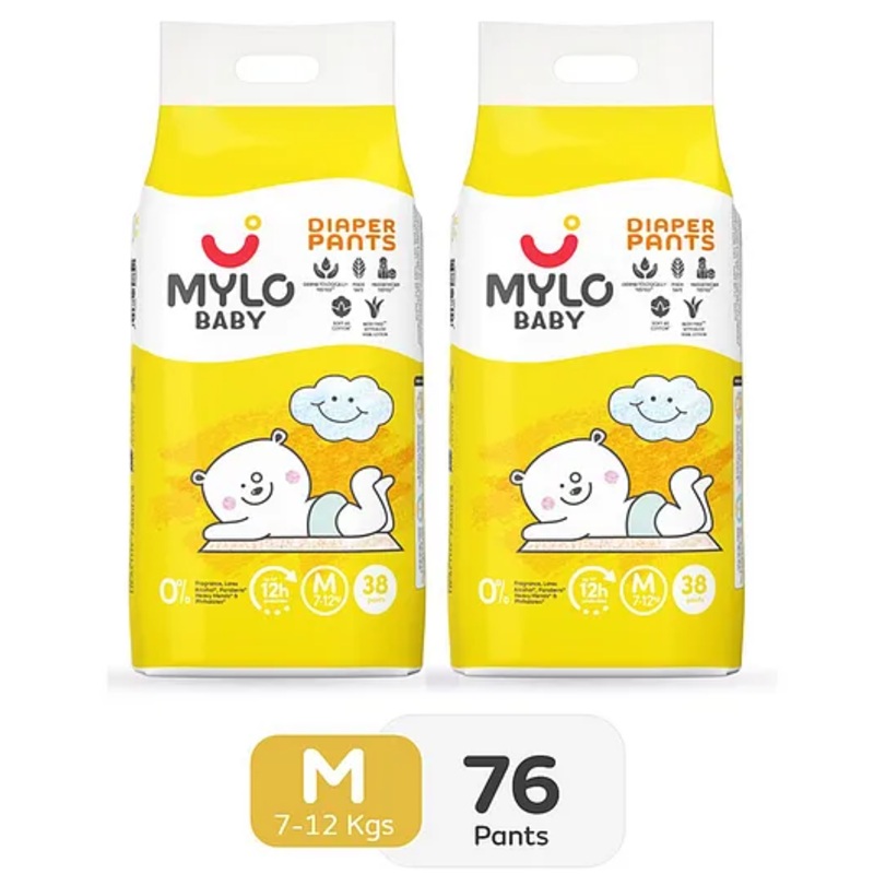 Mylo Baby Diaper Pants Medium M Size 7-12 kgs with ADL Technology - 76 Count - 12 Hours Protection