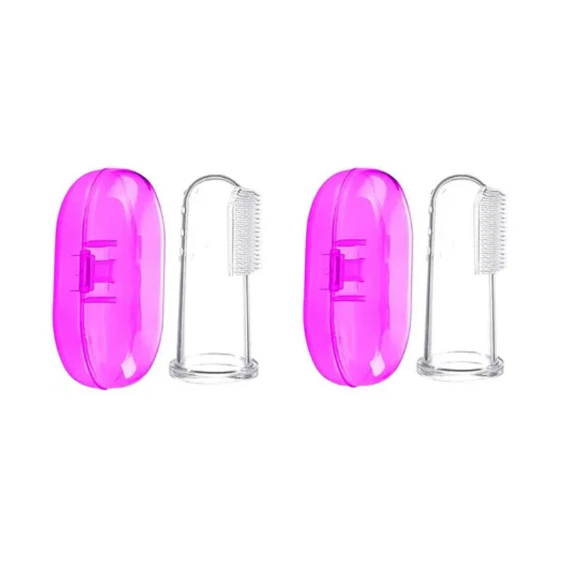 Numum Baby Silicone Soft Bristles Finger Brush With Tongue Cleaner Back And Travel Protective Case Pack of 2- Pink (Color and design may vary)