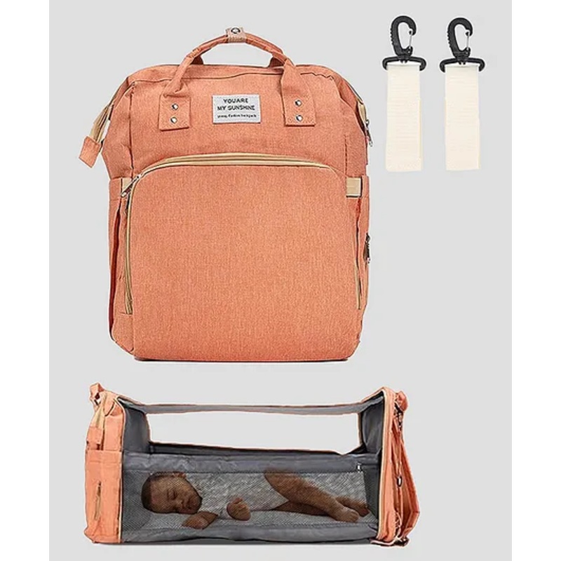Tinyberg 3-in-1 RestNest Baby Diaper Bag With Foldable Baby Bed & Changing Station,11 Pockets, Usb Port - Vibrant Orange