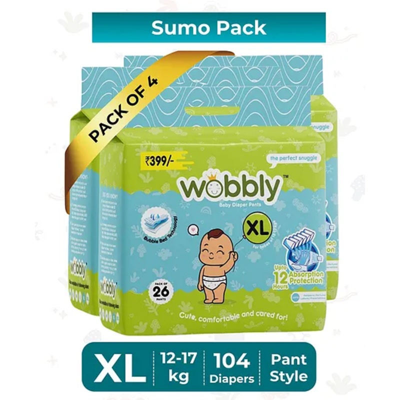 Wobbly Baby Diaper Pants | Extra Large (XL) Size 12-17kgs - 104 count