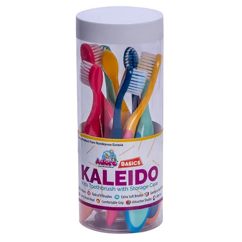 Adore Basics Kaleido Kids Toothbrush with Storage Case Premium Bristles Pack of 8- Multicolor