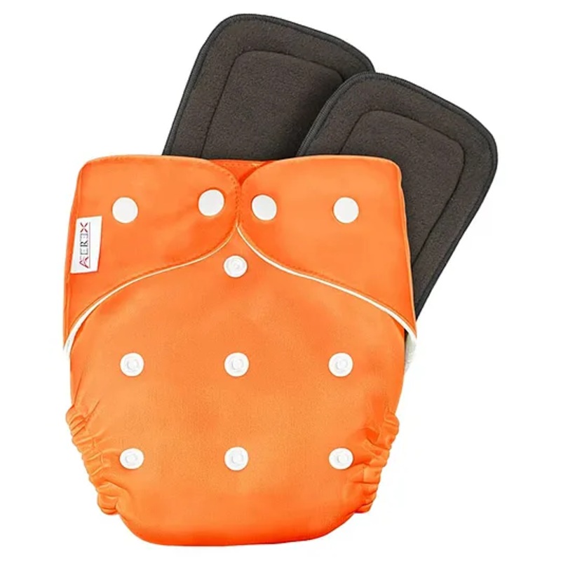 AEREX Reusable Baby Cloth Diapers For 6 Months to 3 Years With 2 Insert Pads Leak Proof Washable Diapers For New Born Babies Adjustable Pocket Cloth Diaper Nappies (Orange)