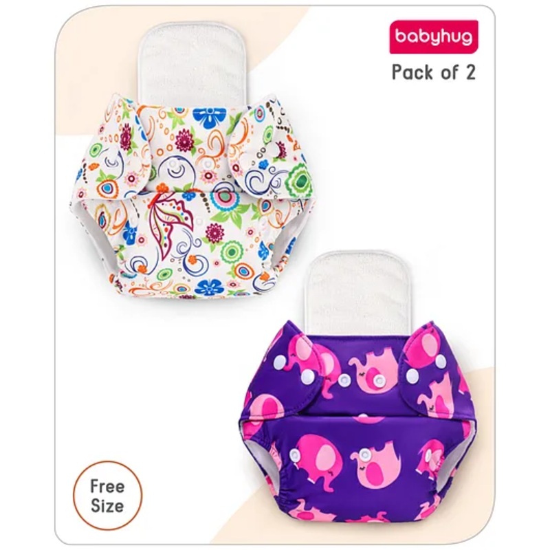 Babyhug Free Size Reusable Cloth Diaper with Inserts Elephant & Abstracts Prints Pack of 2 - Multicolour