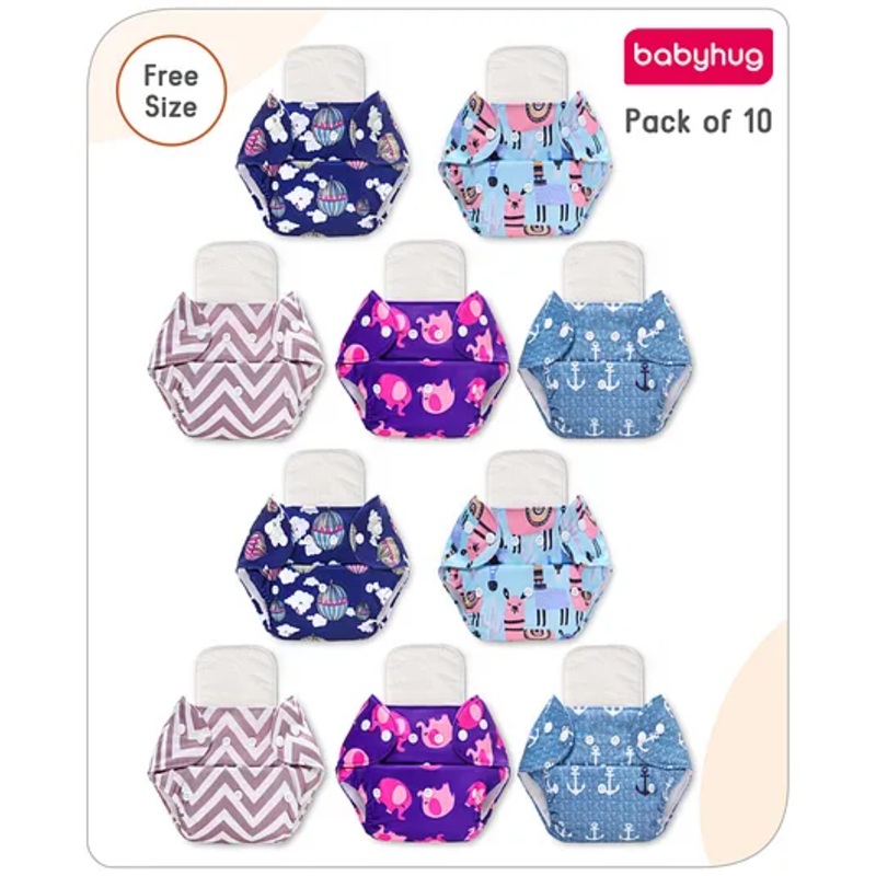 Babyhug Free Size Reusable Printed Cloth Diaper with Inserts Pack of 10 - Multicolour