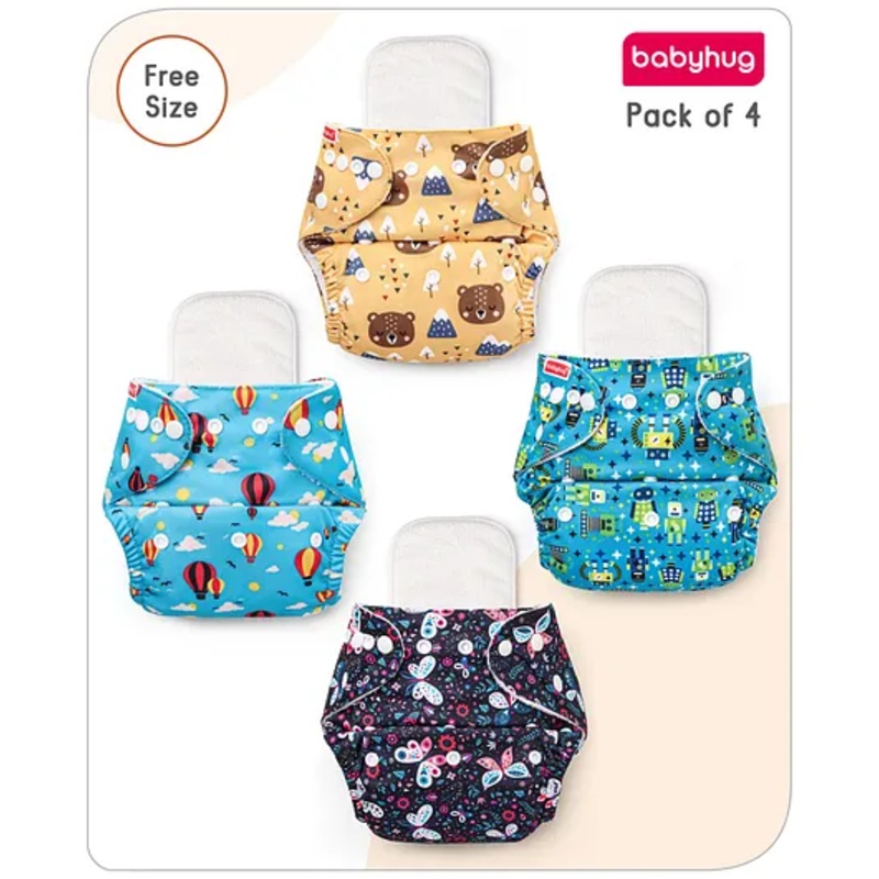 Babyhug Multiprint Reusable Cloth Diapers Pack of 4 - Multicolor