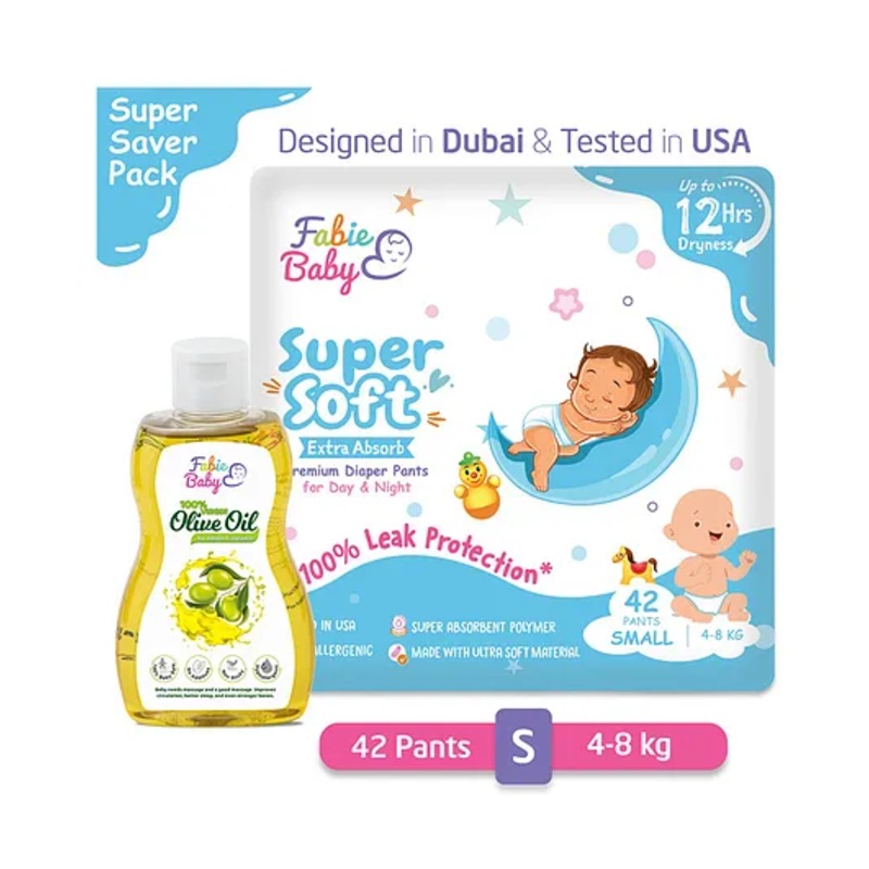 Fabie Baby Small Pant Style Diaper Small Size (42Pcs) with Baby Olive Oil (200ml) Combo - Pack of 2
