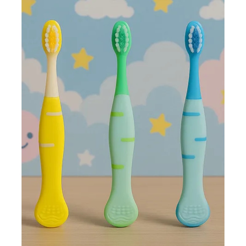 KIDS BASIC Cute Handle Soft Bristle With Tongue Scrapper Kids Toothbrush - Blue, Yellow & Green (Pack of 3)