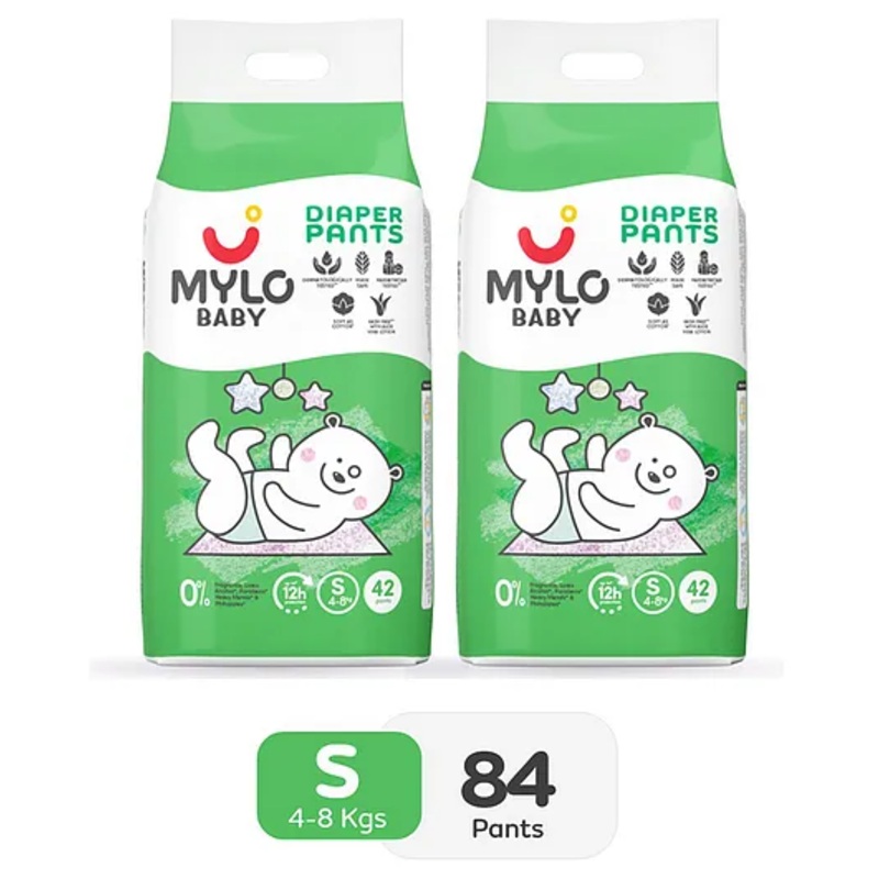 Mylo Baby Diaper Pants Small S Size 4-8 kgs with ADL Technology - 84 Count - 12 Hours Protection