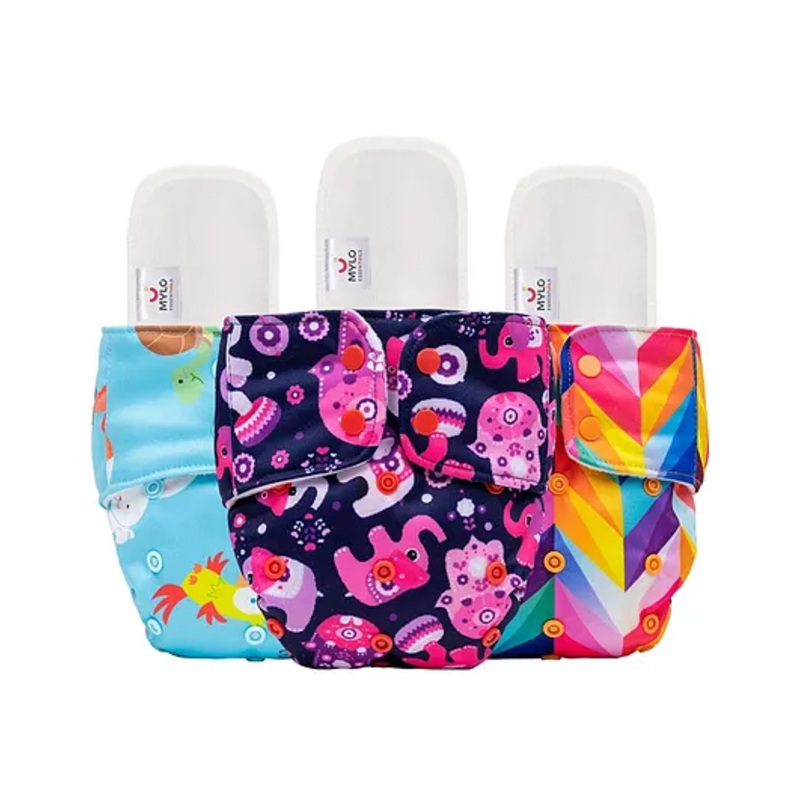 Mylo Baby Freesize Adjustable Cloth Diapers with 3 Free Insert Oeko Tex Certified Pack of 3 - Rainbow Purple Love  Pet Love Multicolour
