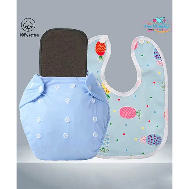 The Cheeky Kidzz Baby Essential Reusable Cotton Cloth Diaper With Bamboo Charcoal Insert With Feeding Bib (BLUE)