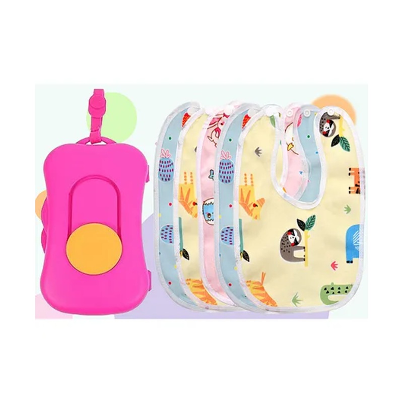 The Cheeky Kidzz Reusable Refillable Baby Wet Wipes Storage Box Container for Car Bathroom Living Room With 6 Waterproof Feeding Bibs Apron (MULTI-COLOR)