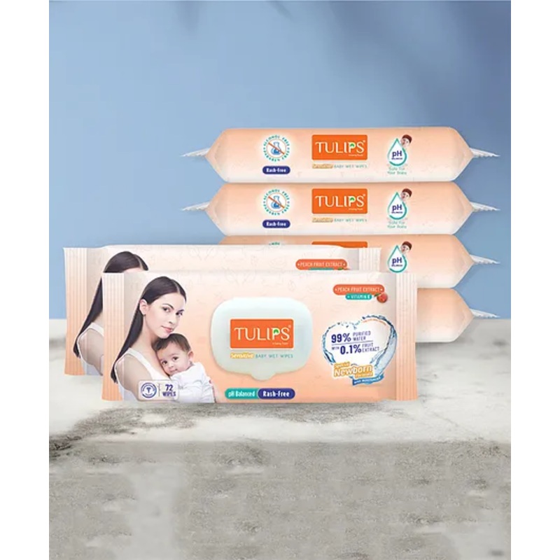 TULIPS Sensitive Baby Wet Wipes With LID Peach Fruit Extract & Vitamin E Pack of 6 - 72 Pieces Each