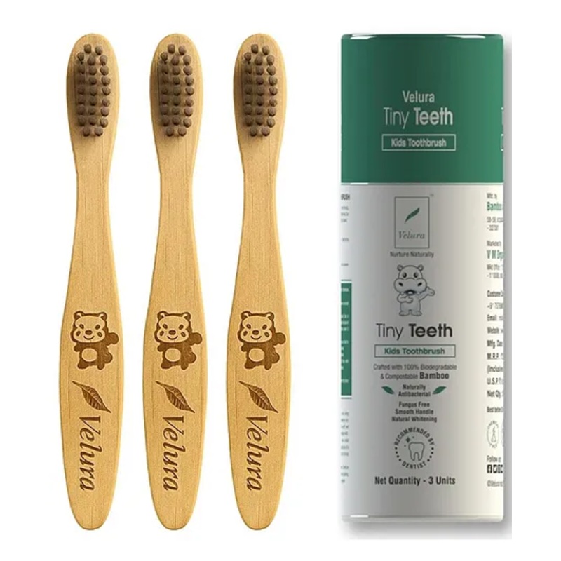 Velura Kid's Toothbrush Pack of 3-Tiny Teeth |  Baby's Oral Care Brush with bamboo handle and bristles