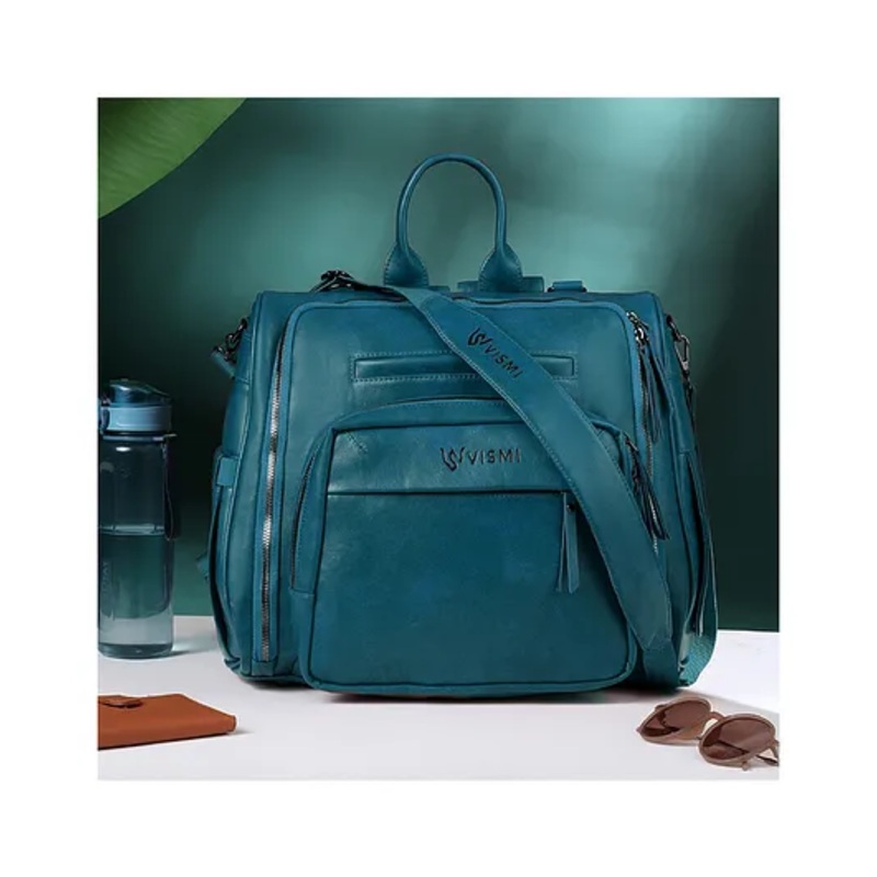 VISMIINTREND Diaper Backpack Bags for Women & Baby Solid Vegan Leather Multi- Compartment Maternity Backpack Travel, Hospital Visit Baby Diaper Bags with Detachable Strap, Trolley Sleeve - Teal Blue