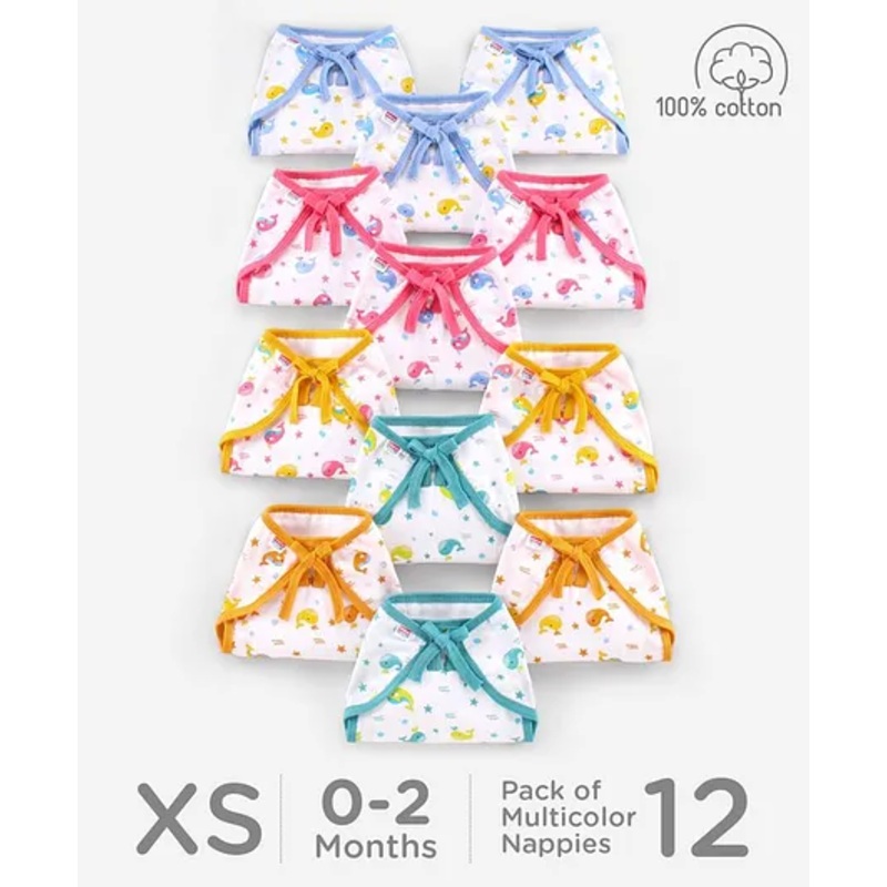 Babyhug Muslin Cloth Nappy Set of 12 Extra Small - Multicolor Whale Print
