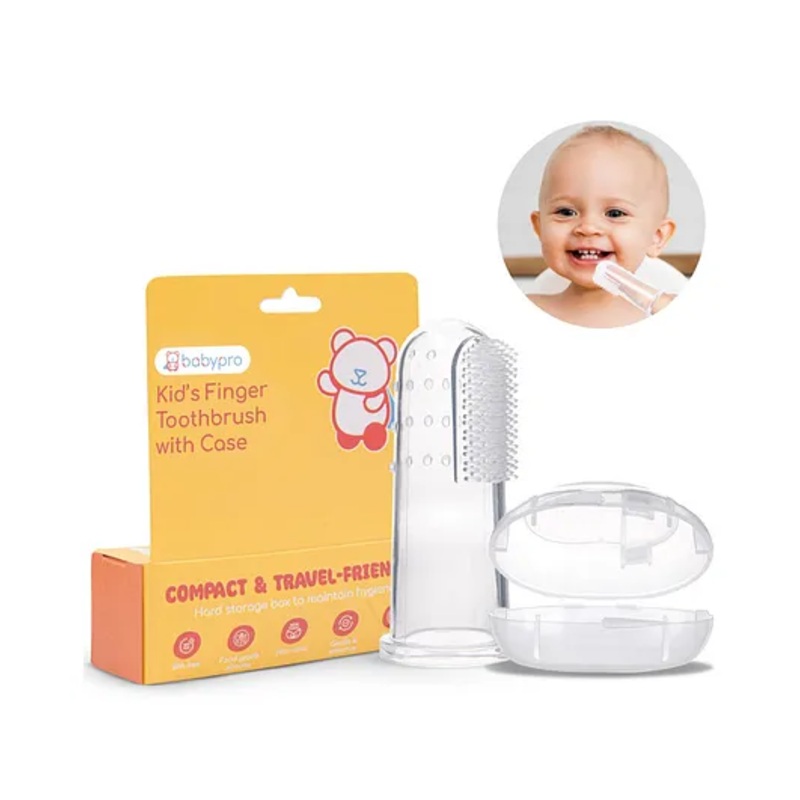 BabyPro Baby Finger Toothbrush with Storage Case Premium Silicone Toothbrush with Soft Bristles for Babies Tongue Cleaner Food-Grade BPA-Free Non-Toxic - White