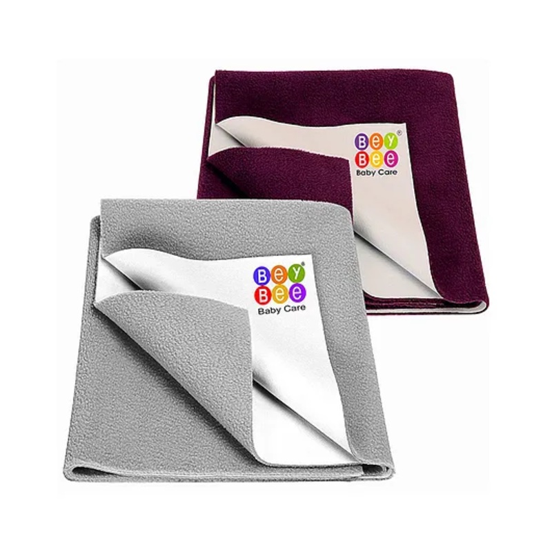 BeyBee Anti Piling Fleece Extra Absorbent Quick Dry Sheet For Baby Baby Bed Protector Waterproof Baby Sheet Small Pack Of 2 - Grey & Plum