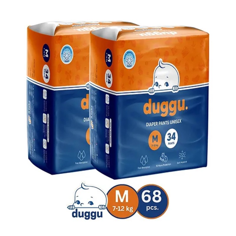 Duggu Baby Diaper Pants | Feather-Like Cotton Feel | Up to 10-Hour Absorption | Soft Elastic Waistband | Highly Absorbent | Medium | 7-12 KG | Pack of 2 - 148 Diapers
