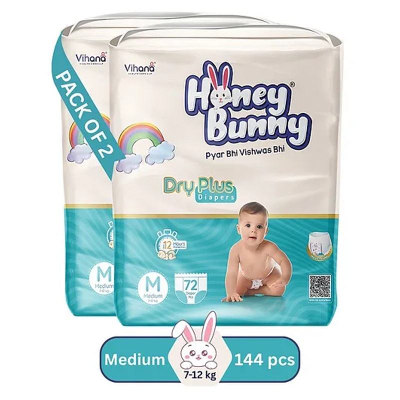 HONEY BUNNY Baby Diaper Pants Super Soft Dry Plus 12 Hour protection - Pack of 144 M - M