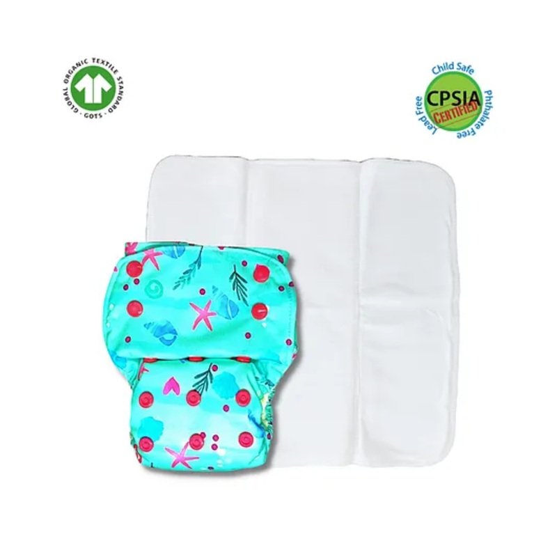 Kindermum Sea Shore Lite Cloth Diaper With Quick Dry Organic Cotton Insert - Multicolour
