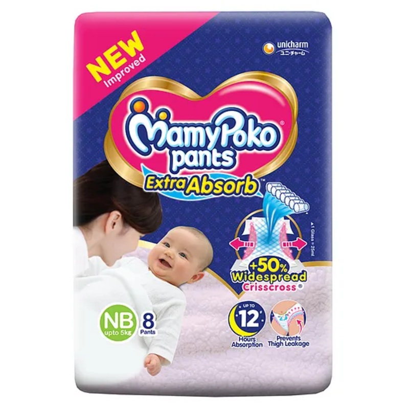 MamyPoko Pants Extra Absorb Diaper for Extra Absorption- For New Born upto 5 Kg - Pack of 8
