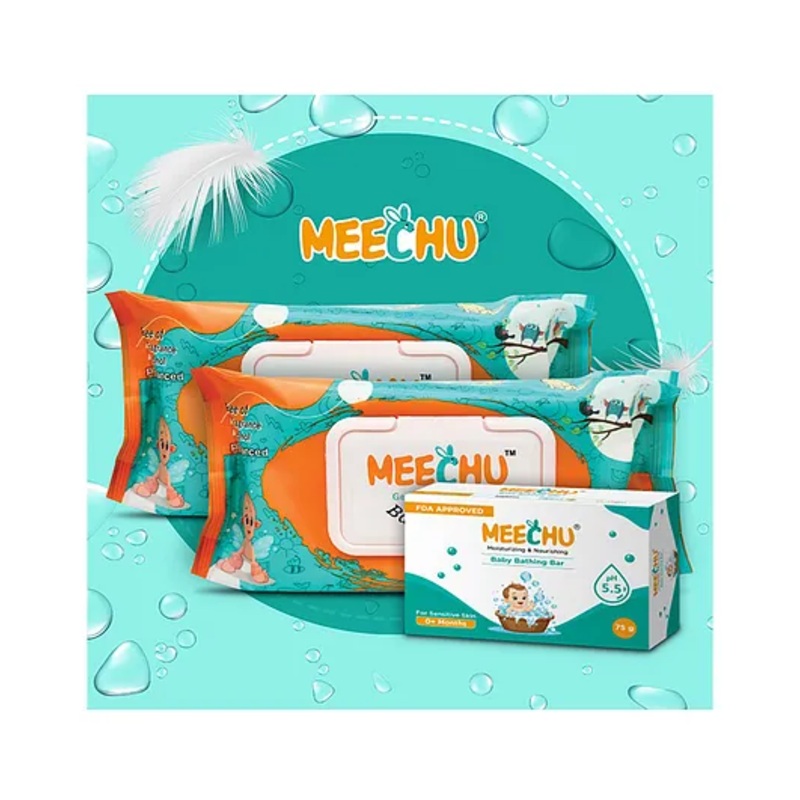 Meechu Baby Wipes Combo Pack of 2 72 Pieces Each With One Baby Bathing Bar - 75 g