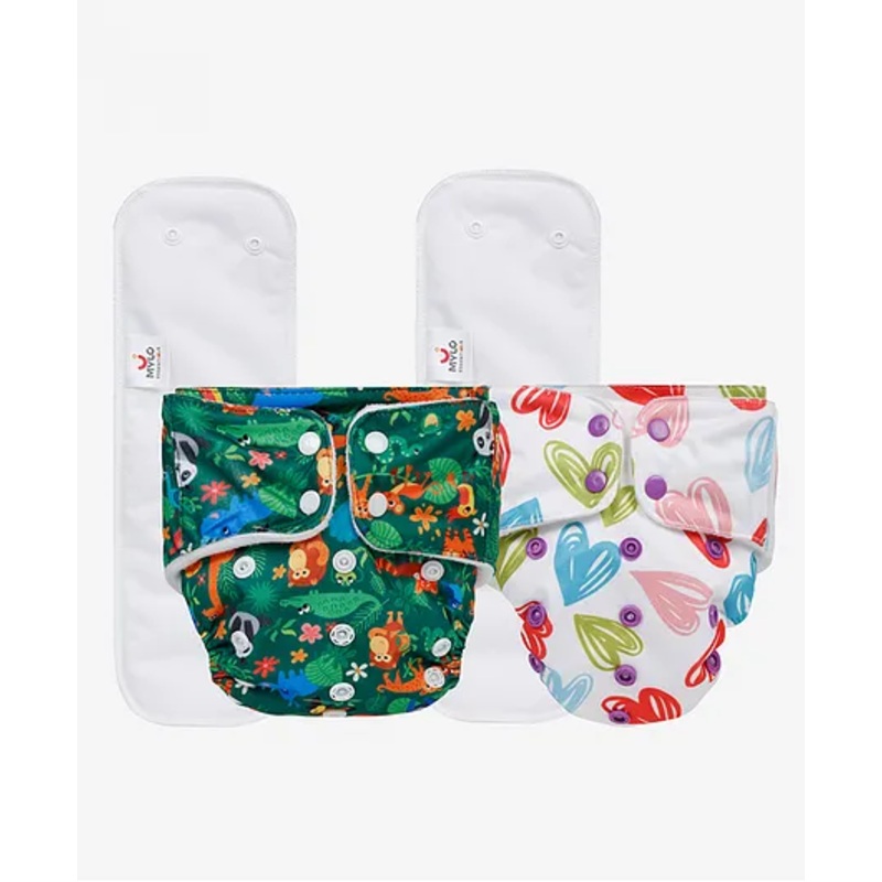 Mylo Baby Freesize Adjustable Cloth Diapers with 2 Free Insert Oeko Tex Certified Pack of 2 - Heart Doodles  Jungle Multicolour