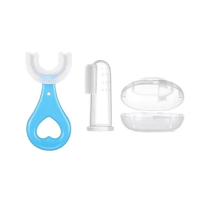numum Finger Toothbrush and U Shape Brush (White finger brush, blue U shape brush) - (Color and design may vary)