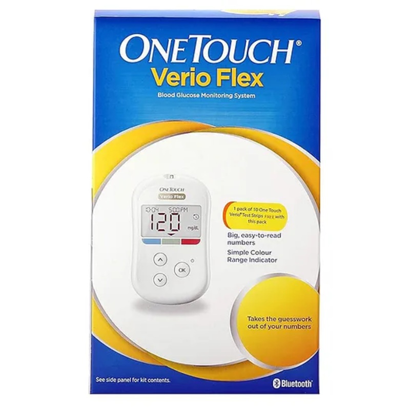 OneTouch Verio Flex glucometer machine With 10 Test Strips 10 Sterile Lancets & 1 Lancing Device