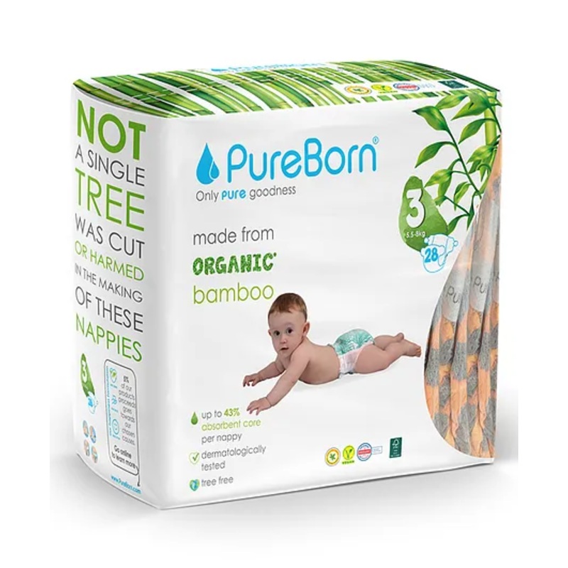 PureBorn Organic Disposable Baby Diapers I Super Soft I Maximum Leakage Protection I Made with Organic Bamboo I Single (Pack Of 28), Size 3 (5.5-8 Kg)